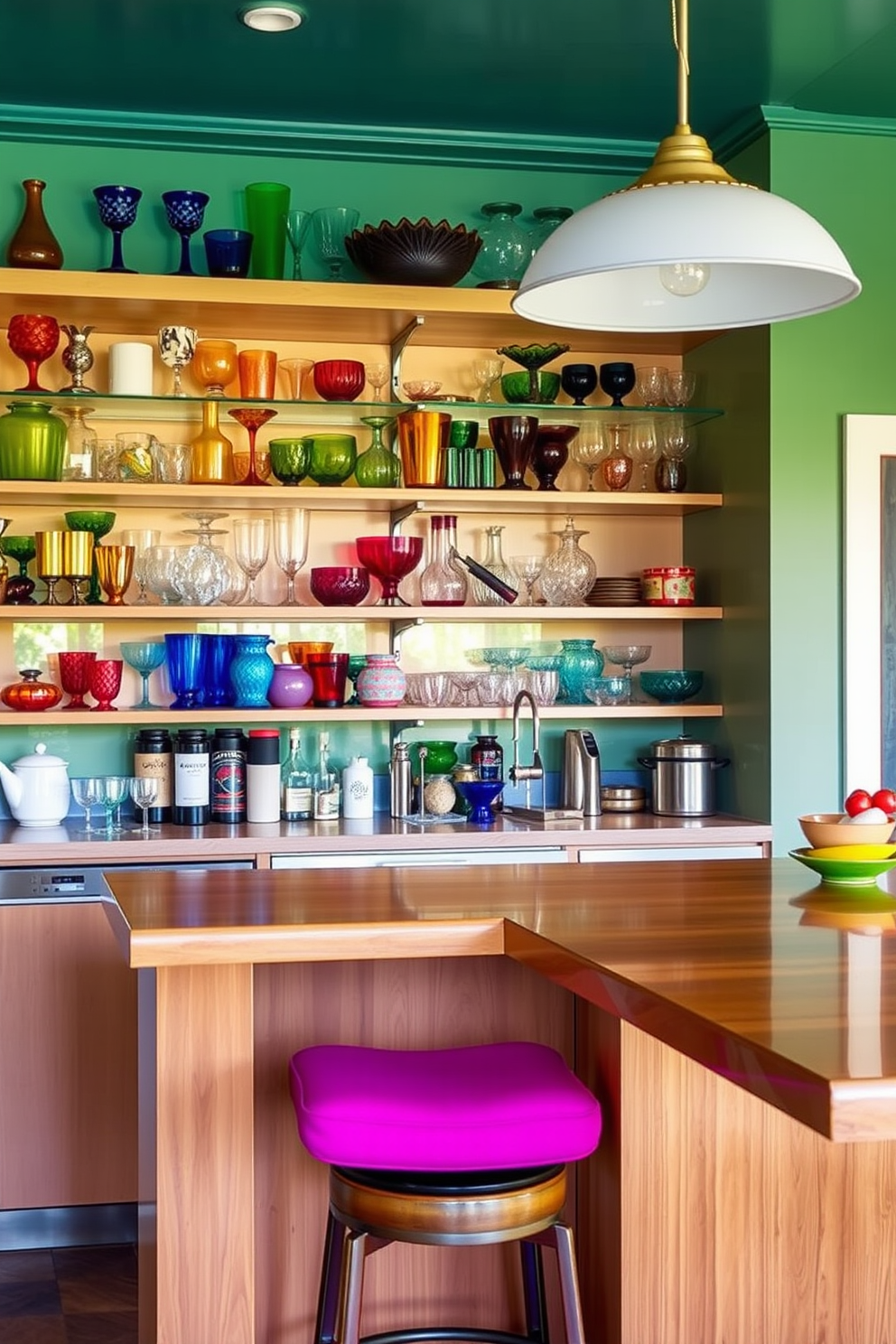 A vibrant kitchen bar area featuring an array of colorful glassware displayed on open shelving. The bar counter is made of polished wood with high stools that have bright cushions, creating a lively and inviting atmosphere.