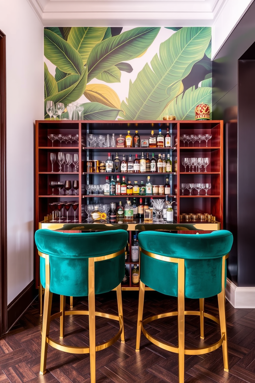 A stylish cocktail corner with a sleek bar cart made of polished wood and gold accents. Behind the cart, there are open shelves displaying an array of colorful glassware and premium spirits, complemented by a vibrant mural of tropical leaves on the wall. The floor is adorned with dark herringbone tiles, creating a warm contrast with the bright decor. A set of high-backed stools upholstered in rich emerald green velvet invites guests to enjoy their drinks in comfort.