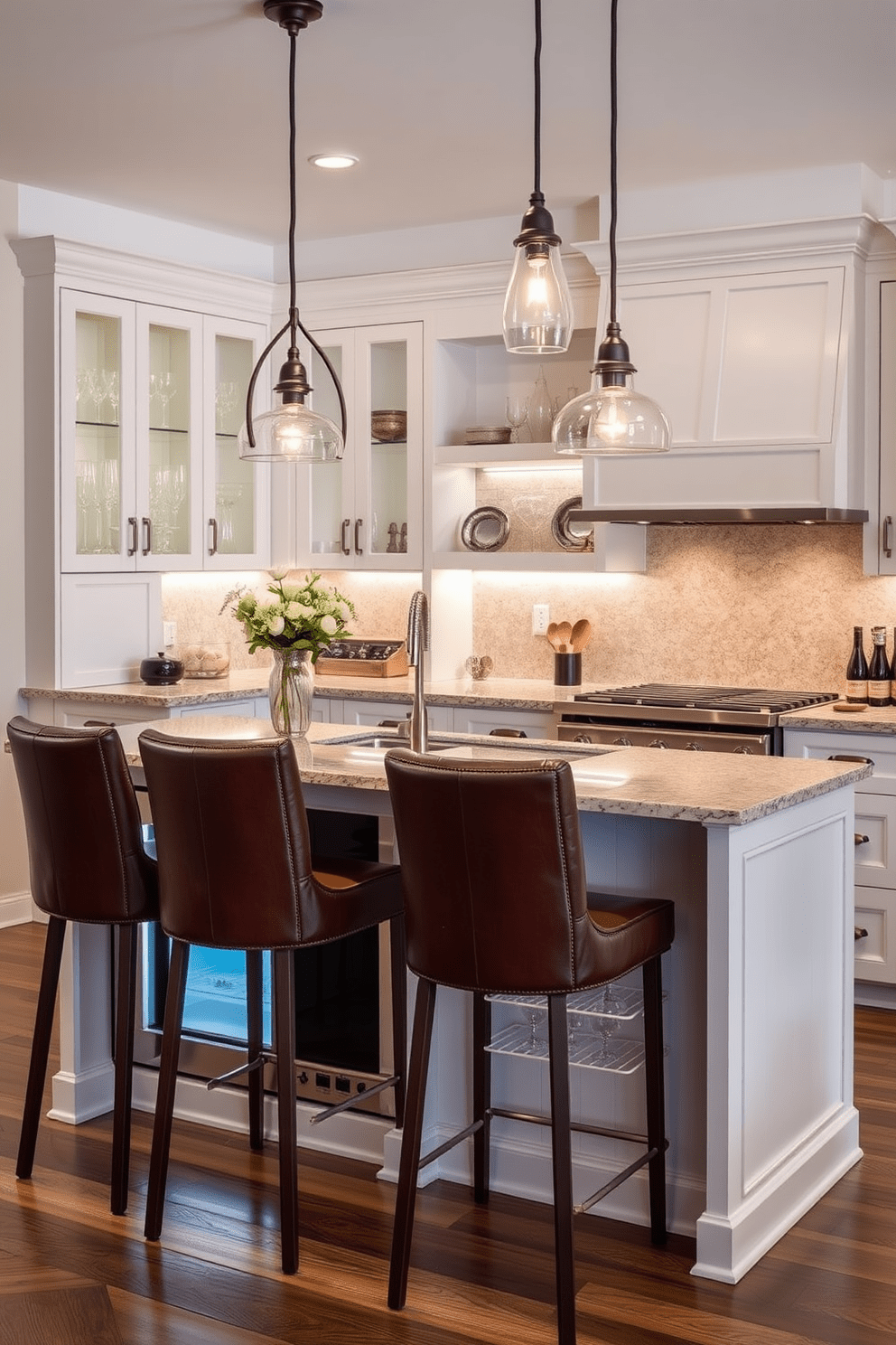 A stylish kitchen bar area featuring a sleek mini fridge seamlessly integrated into the cabinetry. The bar is topped with a polished granite surface, complemented by high-backed stools in a rich leather finish. Above the bar, elegant pendant lights cast a warm glow, enhancing the inviting atmosphere. The cabinetry is painted in a soft white, with open shelving displaying an array of glassware and decorative items.