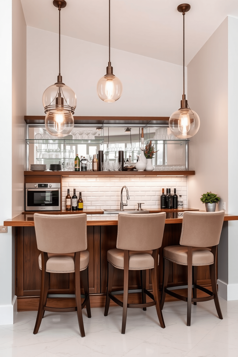 A stylish kitchen bar area featuring elegant pendant lights that cast a warm glow over the space. The bar counter is made of rich wood with high-backed stools upholstered in soft fabric, creating a cozy yet sophisticated atmosphere. The backsplash is adorned with glossy subway tiles that reflect the light, enhancing the overall brightness of the kitchen. Shelves above the bar display an array of glassware and decorative bottles, adding a personal touch to the design.