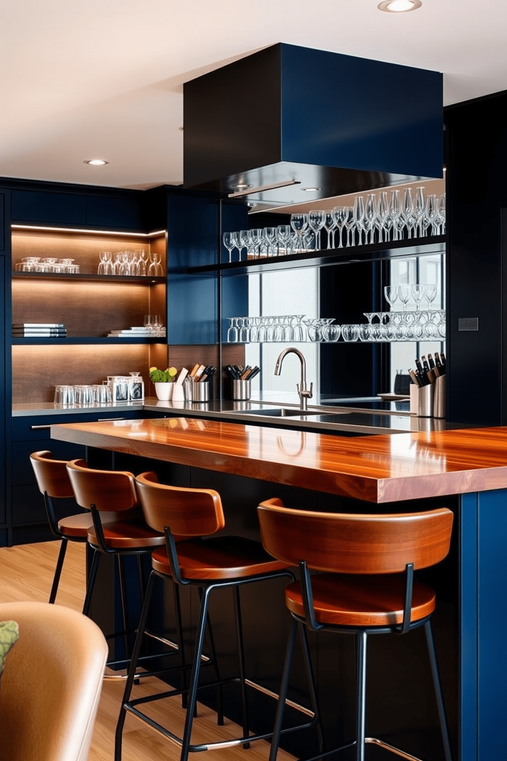 A sleek kitchen bar area featuring a polished wooden countertop with high stools arranged around it. Behind the bar, a full-length mirrored backsplash reflects the ambient lighting, enhancing the elegance of the space. The cabinetry is a rich navy blue, contrasting beautifully with the warm wood tones of the bar. Stylish glassware is neatly displayed on open shelving, adding a touch of sophistication to the design.