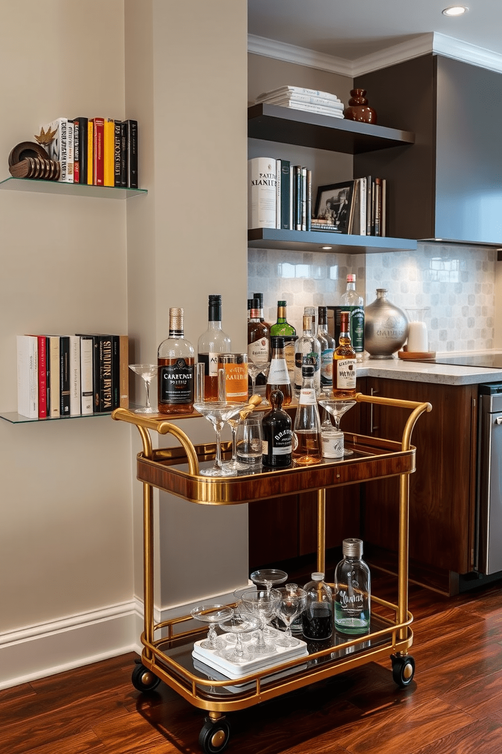 A stylish kitchen bar area featuring a vintage bar cart made of polished wood with brass accents. The cart is adorned with an array of glassware, a cocktail shaker, and a selection of colorful spirits, creating an inviting atmosphere for entertaining. Adjacent to the bar cart, there are sleek modern shelves displaying a collection of cookbooks and decorative items. The kitchen has a warm color palette with soft lighting that enhances the cozy and sophisticated vibe of the space.