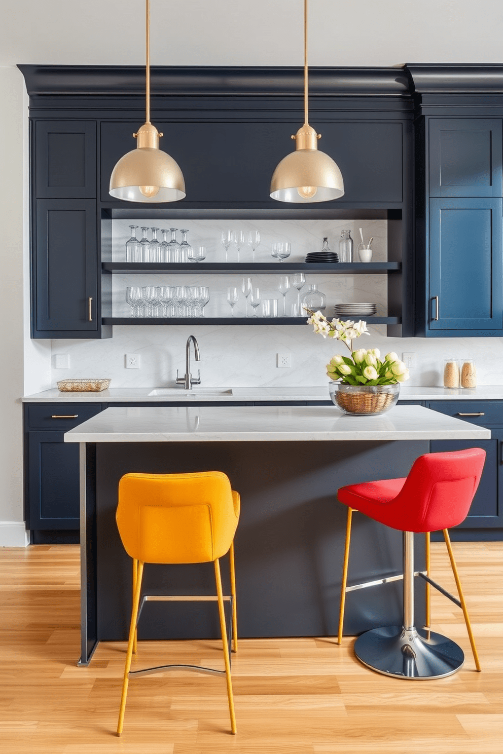 A modern kitchen bar featuring sleek statement bar stools that add a pop of color. The bar area is designed with a polished quartz countertop and stylish pendant lighting overhead. The cabinetry is finished in a rich navy blue, complementing the warm wood tones of the flooring. Behind the bar, open shelving displays curated glassware and decorative items for an inviting atmosphere.