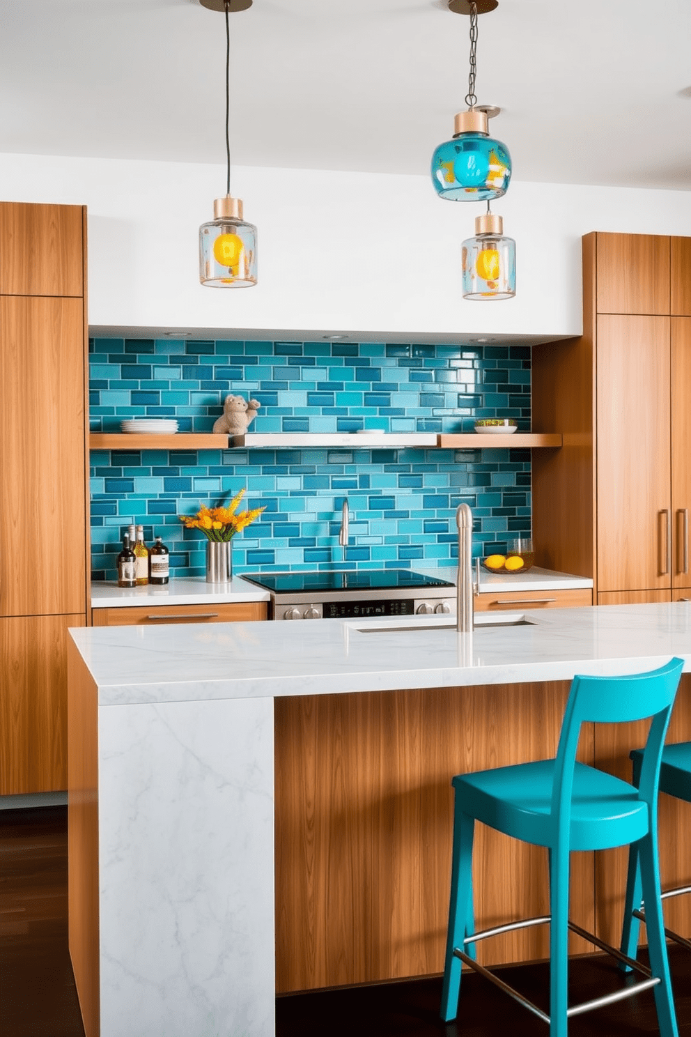 A contemporary kitchen bar with sleek cabinetry and a polished quartz countertop. Bright bar stools in a vibrant teal color contrast beautifully with the warm wood tones of the cabinets. The backsplash features a geometric tile pattern in shades of blue and green, adding visual interest. Pendant lights with colorful glass shades hang above the bar, creating a lively atmosphere.