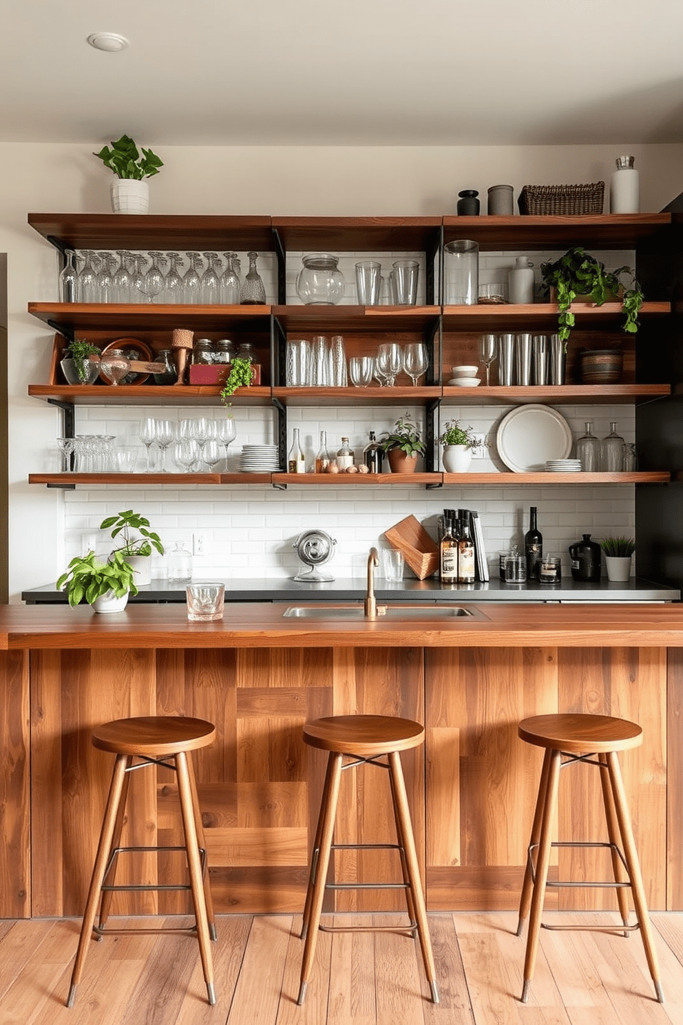 A modern kitchen bar featuring open shelving made of reclaimed wood. The shelves are adorned with a curated selection of glassware, plants, and decorative items, creating an inviting atmosphere.