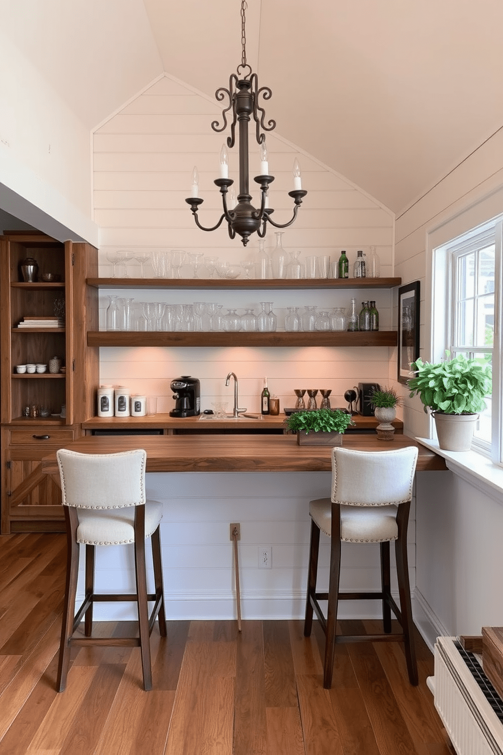 A cozy rustic farmhouse bar with reclaimed wood countertops and open shelving displaying an array of glassware. The bar stools are upholstered in a soft, neutral fabric, and a vintage chandelier hangs above, providing warm lighting. The walls are adorned with shiplap paneling in a light cream color, while the floor features wide plank hardwood. A collection of potted herbs sits on the windowsill, adding a touch of greenery and freshness to the space.