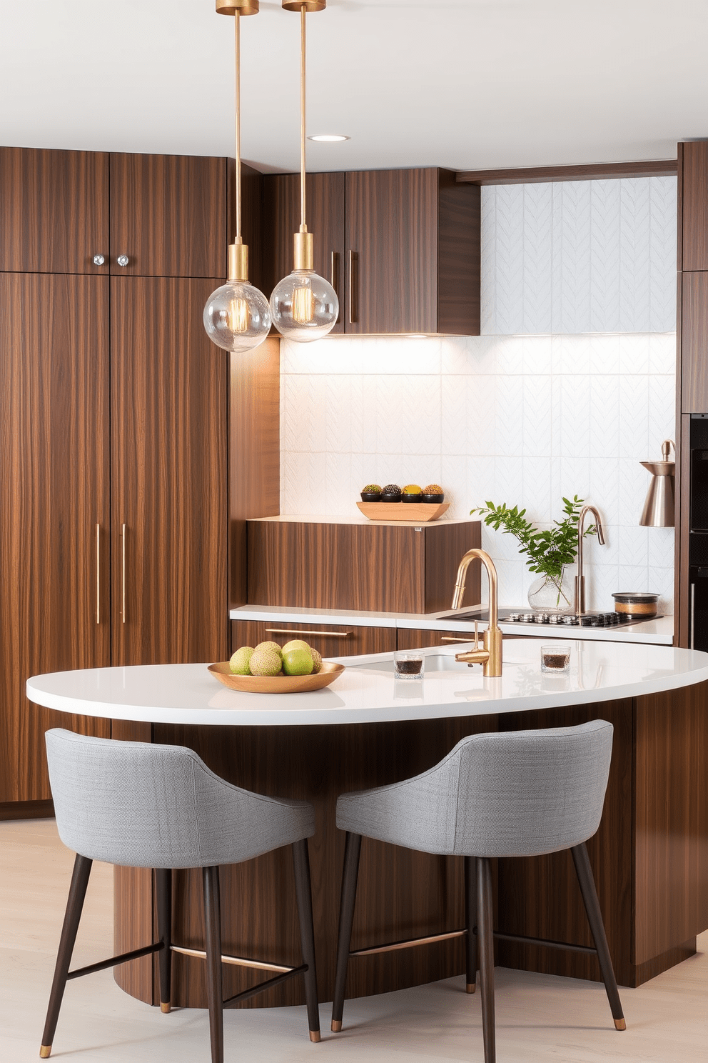 A modern kitchen bar area features sleek cabinetry in a rich walnut finish paired with a white quartz countertop. Above the bar, elegant pendant lights with a brushed brass finish hang, casting a warm glow over the space. The bar stools are upholstered in a soft gray fabric, providing comfort and style. The backsplash is a stunning herringbone pattern in white subway tiles, adding texture and visual interest to the design.