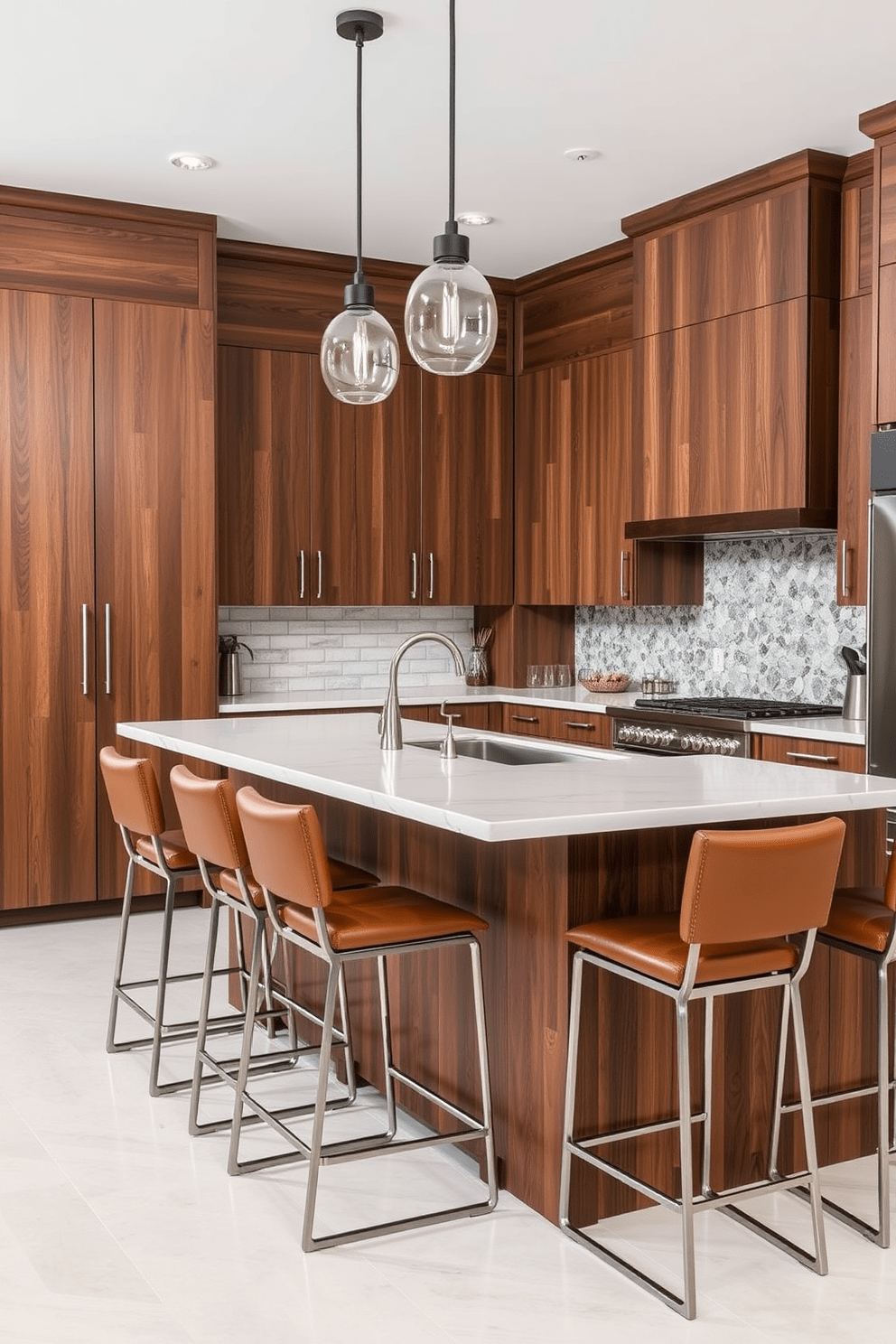 A modern kitchen bar featuring a sleek quartz countertop that contrasts with rustic wooden cabinetry. Stools with metal frames and soft leather seats are arranged around the bar, creating a stylish yet inviting atmosphere. The backsplash is a mix of glossy subway tiles and textured stone, adding depth to the design. Pendant lights with glass shades hang above, illuminating the space and enhancing the overall aesthetic.