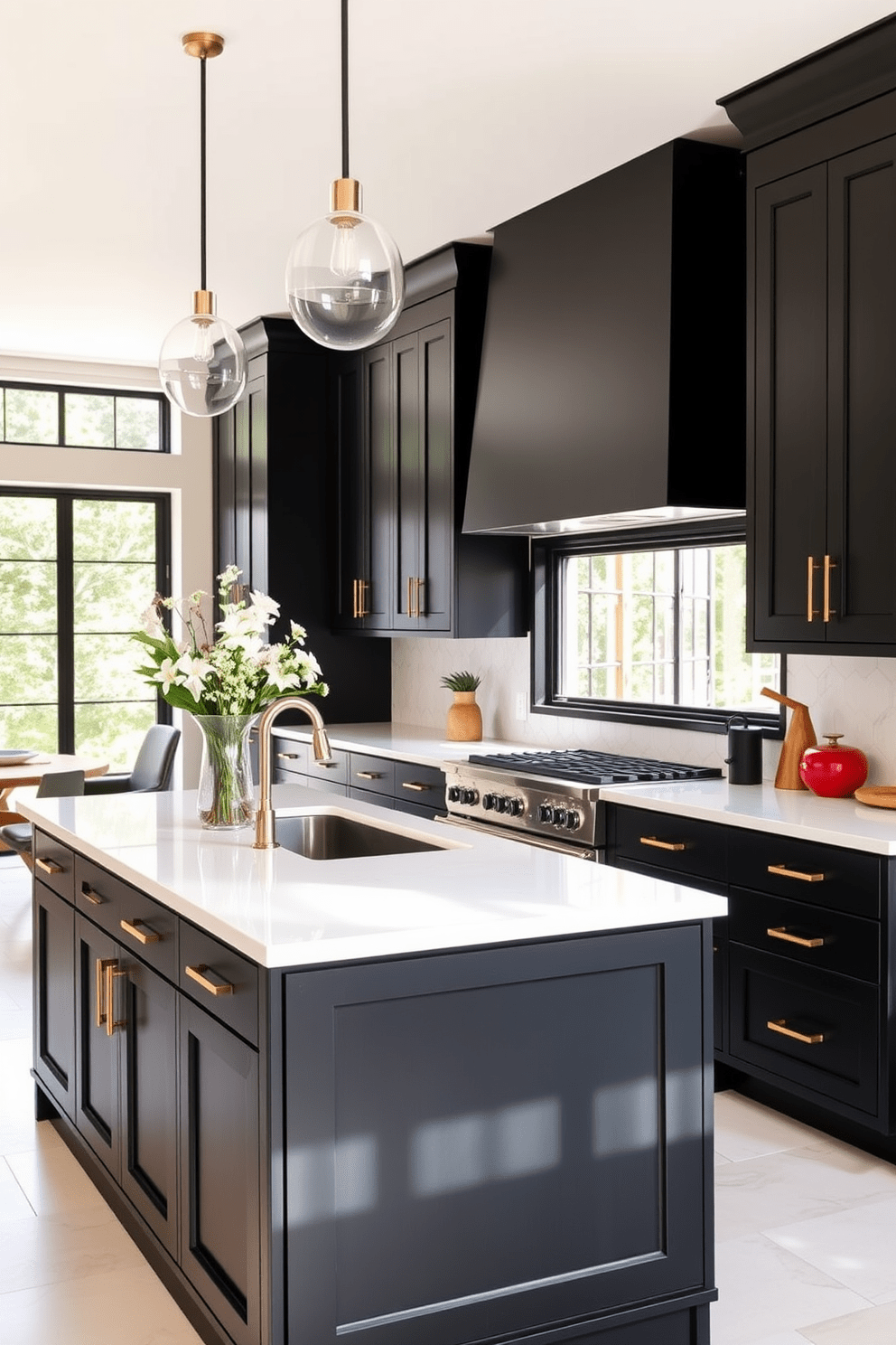 A chic kitchen featuring matte black cabinets that create a modern and sophisticated atmosphere. The cabinets are paired with a sleek white countertop and gold hardware that adds a touch of elegance. The kitchen island is designed with additional storage and a breakfast bar for casual dining. Large windows allow natural light to flood the space, highlighting the contrast between the dark cabinetry and light-colored walls.