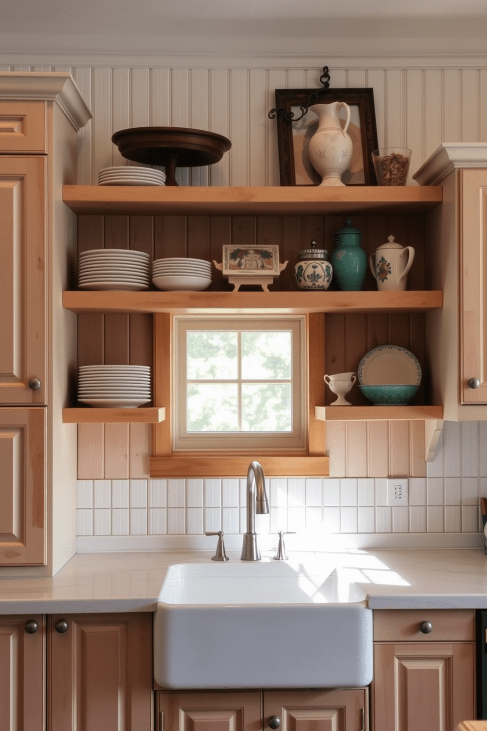 Cottage style cabinets with beadboard accents create a charming and inviting atmosphere in the kitchen. The cabinets are painted in a soft pastel color, featuring intricate detailing and vintage-style handles. Open shelving above the cabinets showcases neatly arranged dishware and rustic decor items. A farmhouse sink sits beneath a window, allowing natural light to illuminate the warm wood tones of the cabinetry.