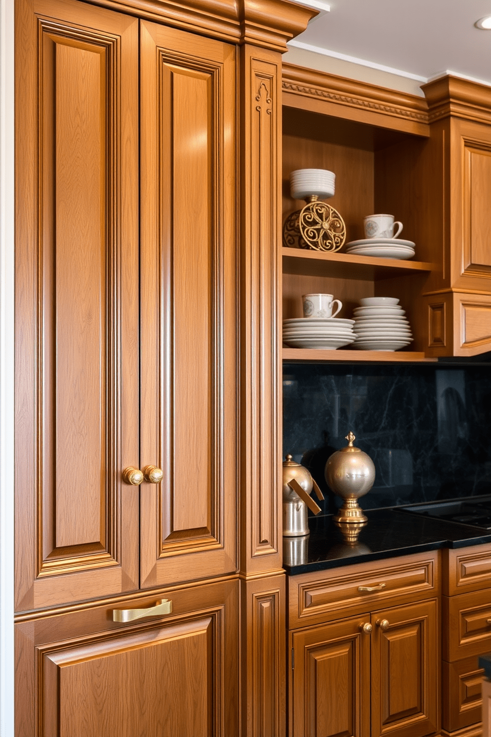 Luxe cabinetry with gold hardware details creates an elegant and sophisticated atmosphere in the kitchen. The cabinets feature a rich wood finish, complemented by intricate carvings and soft-close mechanisms for a seamless experience. The gold hardware adds a touch of glamour, enhancing the overall aesthetic of the space. Open shelving above the cabinetry showcases beautiful dishware and decorative items, providing both functionality and style.