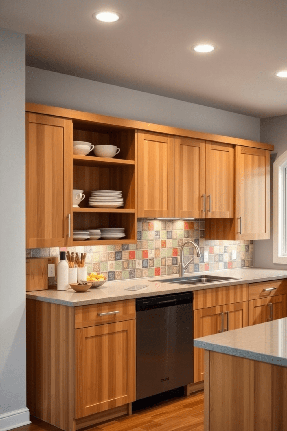 Eco-friendly cabinets made from sustainable materials create a harmonious and stylish kitchen environment. The cabinets feature a natural wood finish with sleek lines, complemented by energy-efficient LED lighting that highlights their beauty. Incorporating recycled hardware and low-VOC finishes enhances the eco-conscious design. Open shelving above the cabinets showcases beautiful dishware, while a vibrant backsplash adds a pop of color to the overall aesthetic.