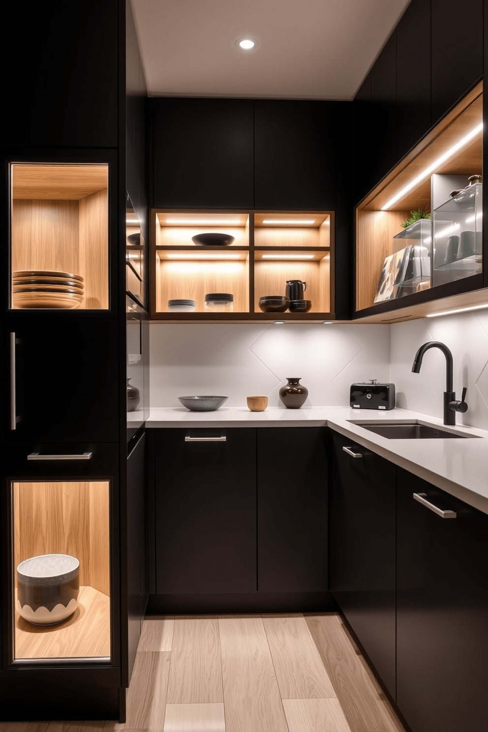 A modern kitchen featuring integrated lighting within the cabinet spaces. The cabinetry is sleek and minimalist, with a mix of matte black and natural wood finishes that create a striking contrast. Under-cabinet lighting illuminates the countertops, enhancing the functionality and ambiance of the space. Open shelving displays stylish dishware and decorative items, adding a personal touch to the overall design.