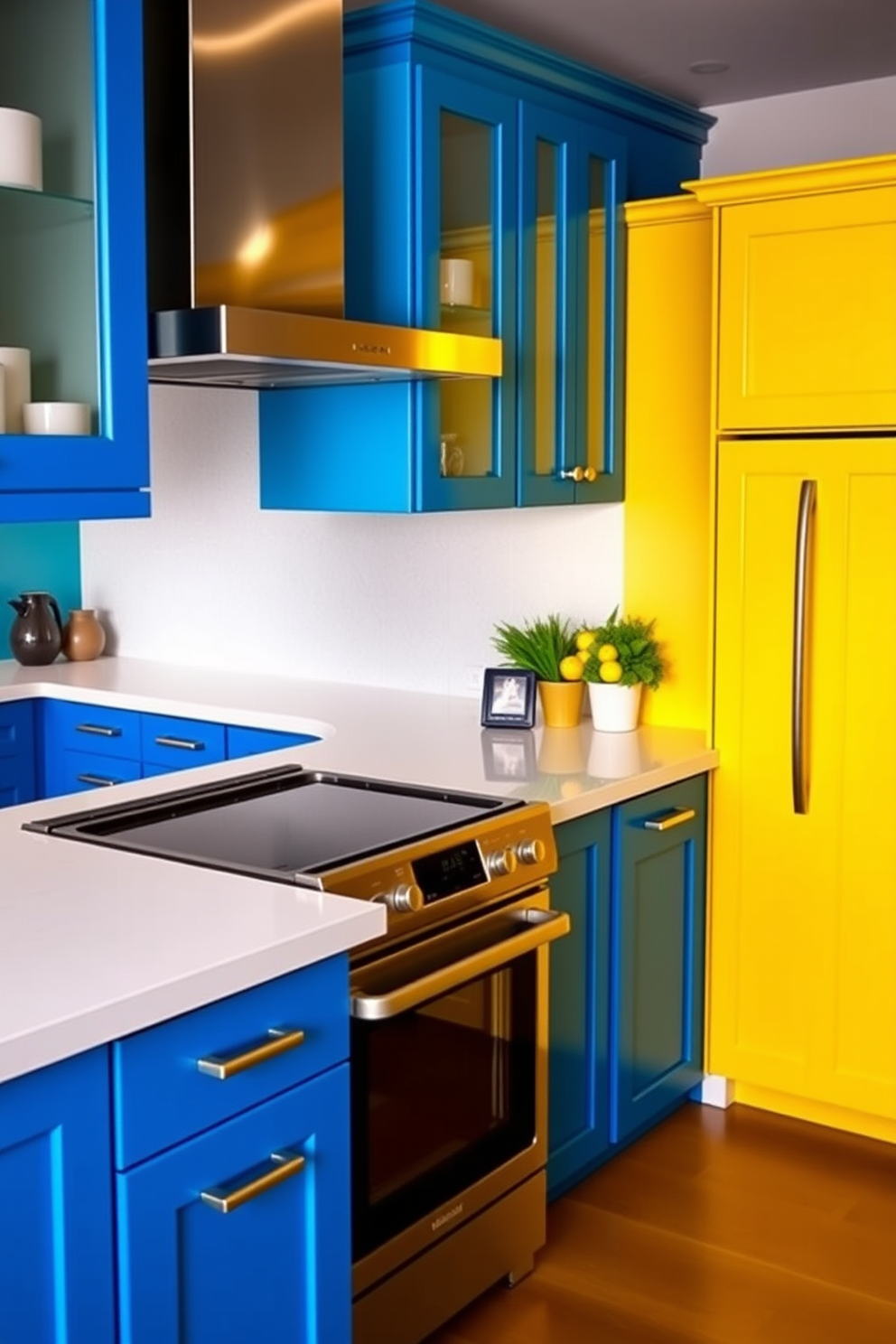 Colorful cabinets to brighten up space. The kitchen features cabinets in vibrant shades of blue and yellow, creating a cheerful atmosphere. The countertops are made of white quartz, offering a clean contrast to the bold cabinetry. Sleek stainless steel appliances complement the colorful design, enhancing the modern look of the kitchen.