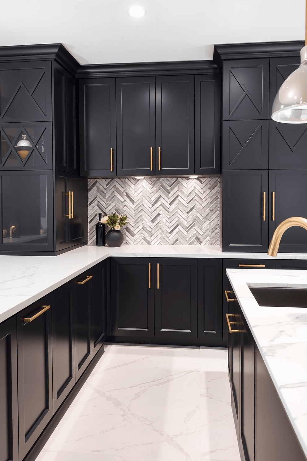 A modern kitchen with cabinets featuring unique geometric patterns that create a striking visual impact. The cabinetry is finished in a matte black with gold accents, enhancing the contemporary aesthetic of the space. The countertops are made of white quartz with subtle gray veining, providing a clean and bright surface. A stylish backsplash with a herringbone pattern in muted tones complements the cabinetry and adds texture to the design.