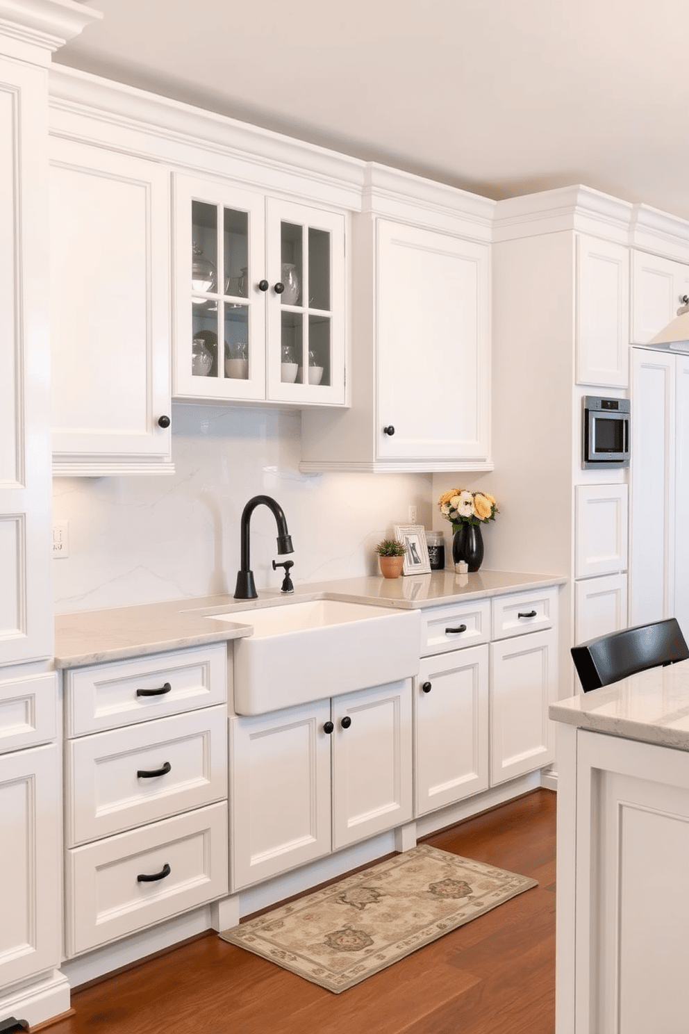 Classic white shaker cabinets with crown molding create an elegant and timeless kitchen aesthetic. The cabinets are complemented by a marble backsplash and a farmhouse sink, enhancing the overall sophistication of the space.