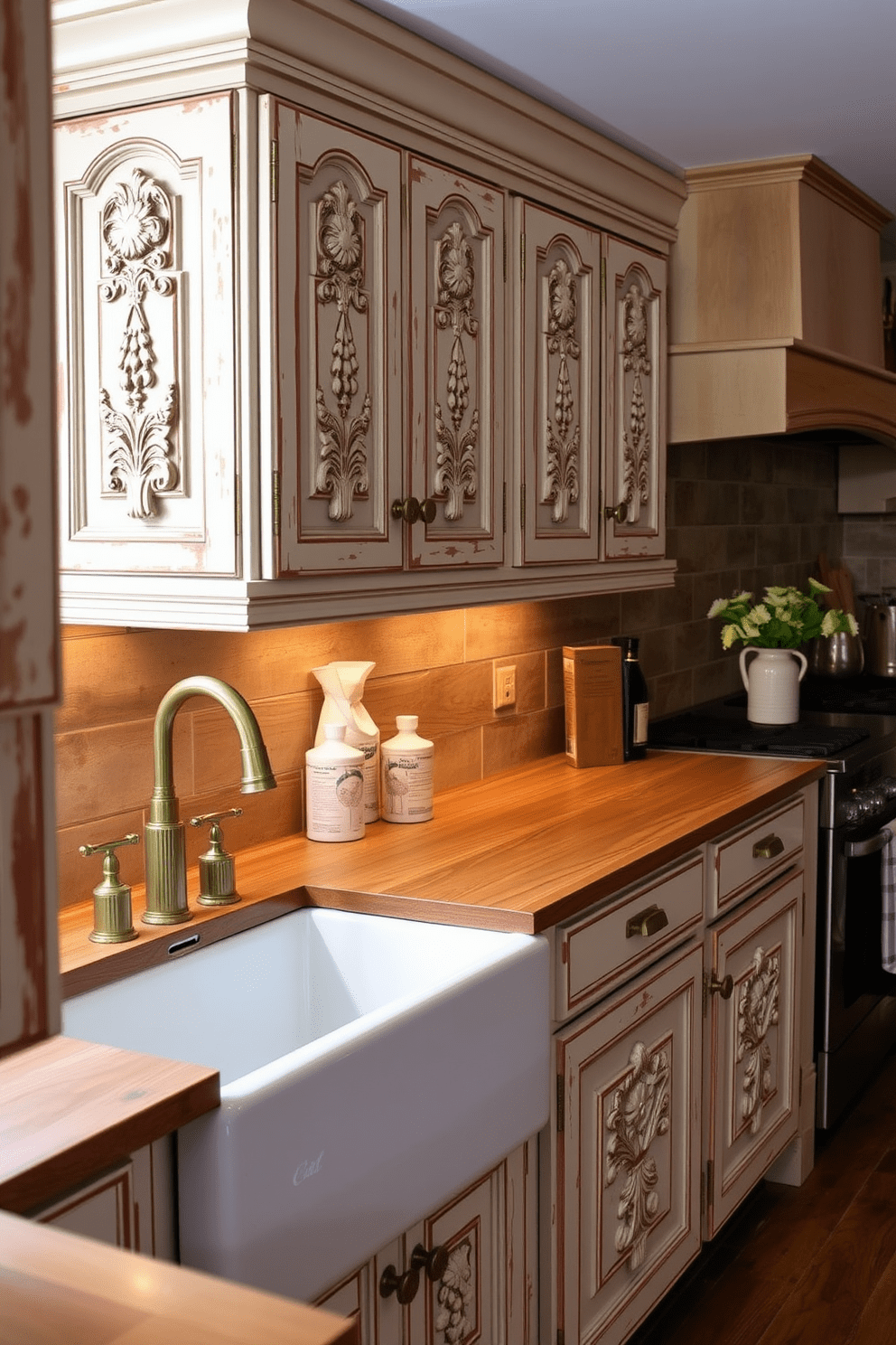 Vintage inspired cabinets with antique finishes create a warm and inviting atmosphere in the kitchen. The cabinets feature intricate carvings and a distressed paint finish that adds character and charm. Complementing the cabinets, classic brass hardware enhances the nostalgic feel of the design. A farmhouse sink and a wooden countertop complete the look, making the kitchen both functional and stylish.