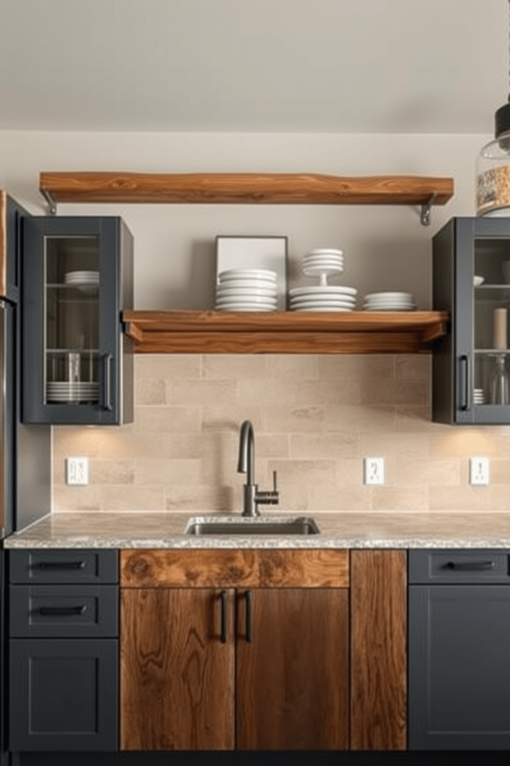 Industrial style cabinets with metal accents create a bold and modern kitchen aesthetic. The cabinets feature a mix of raw wood and sleek metal finishes, highlighting the beauty of industrial design. Open shelving made of reclaimed wood complements the cabinets, providing a rustic touch. The overall color palette includes deep grays and warm browns, enhancing the industrial vibe.