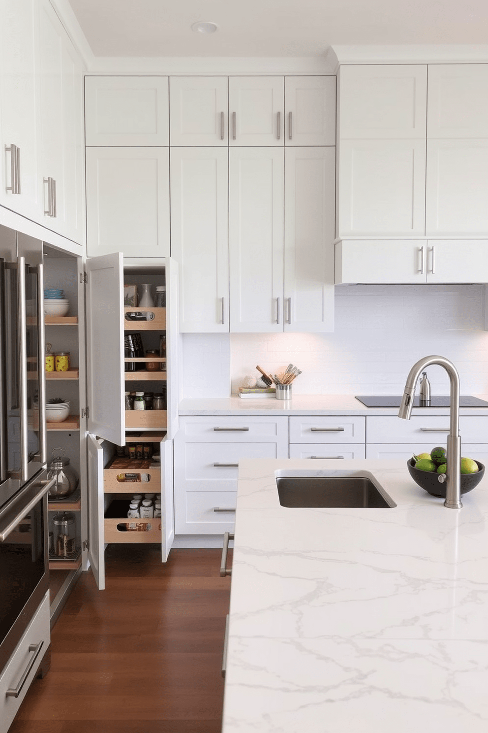 A modern kitchen featuring sleek cabinets with pull-out pantries for easy access to ingredients. The cabinetry is finished in a soft white with brushed nickel hardware, creating a clean and functional aesthetic. The countertops are made of quartz with subtle gray veining, complementing the overall design. A central island provides additional workspace and includes bar seating for casual dining.