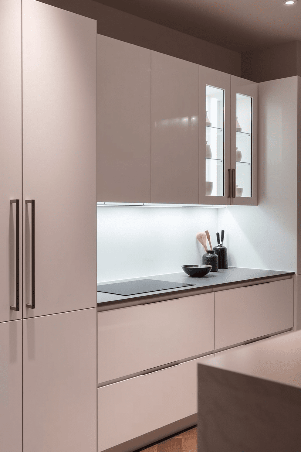 Minimalist cabinets with push-to-open mechanisms create a sleek and uncluttered look in any kitchen. The cabinetry features a smooth finish and is complemented by integrated lighting that highlights the clean lines and simplicity of the design.