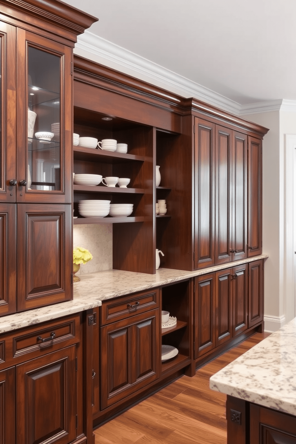 Custom cabinetry with personalized features. The kitchen showcases elegant wooden cabinets with intricate details and a blend of open and closed storage options.