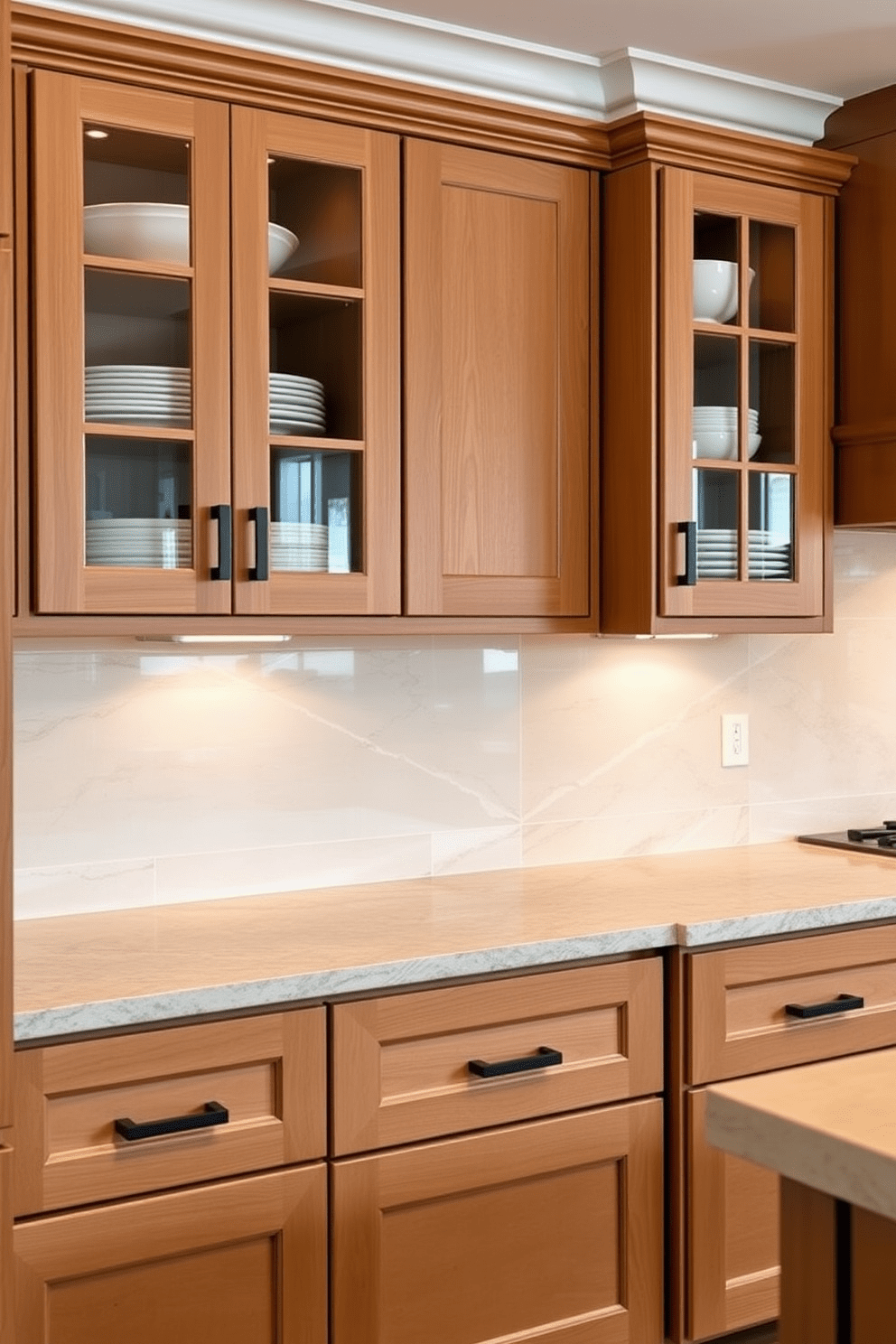 Transitional kitchen cabinets seamlessly blend modern and traditional styles, featuring a mix of sleek lines and classic details. The cabinetry showcases a warm wood finish with matte black hardware, creating a harmonious balance in the overall design. The upper cabinets have glass-front doors that display elegant dishware, while the lower cabinets offer ample storage with deep drawers. A stylish backsplash in a neutral tone complements the cabinetry, enhancing the kitchen's inviting atmosphere.