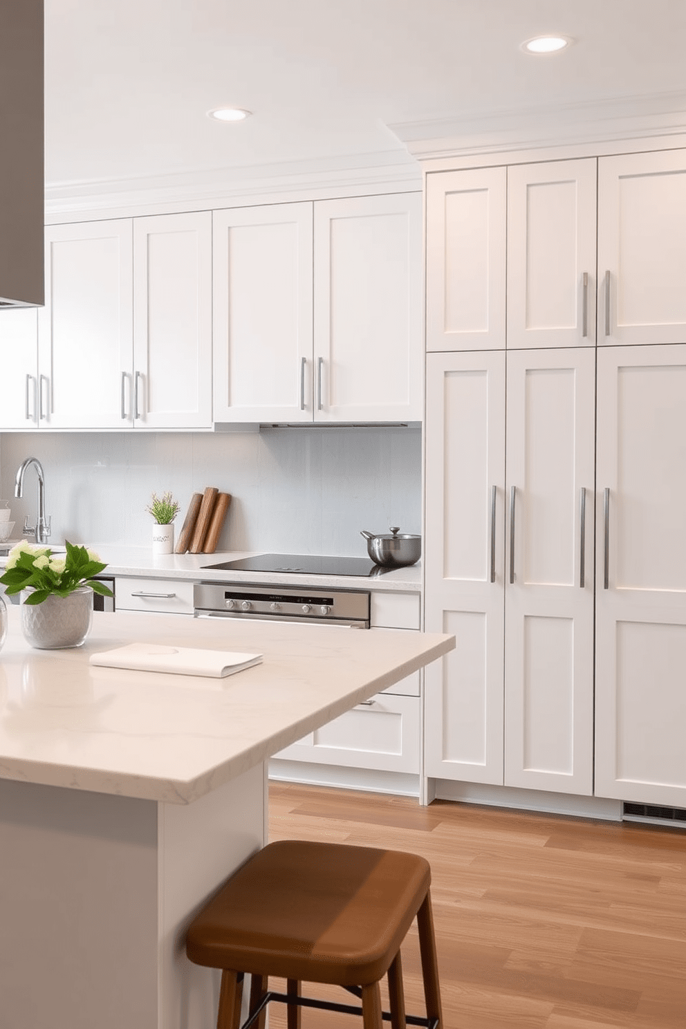 A modern kitchen featuring soft-close cabinets that provide quiet functionality. The cabinets are finished in a sleek matte white with brushed nickel handles, creating a clean and contemporary look. The countertops are made of quartz with subtle veining, complementing the cabinetry beautifully. A large island with bar seating invites casual dining and social gatherings in the heart of the kitchen.