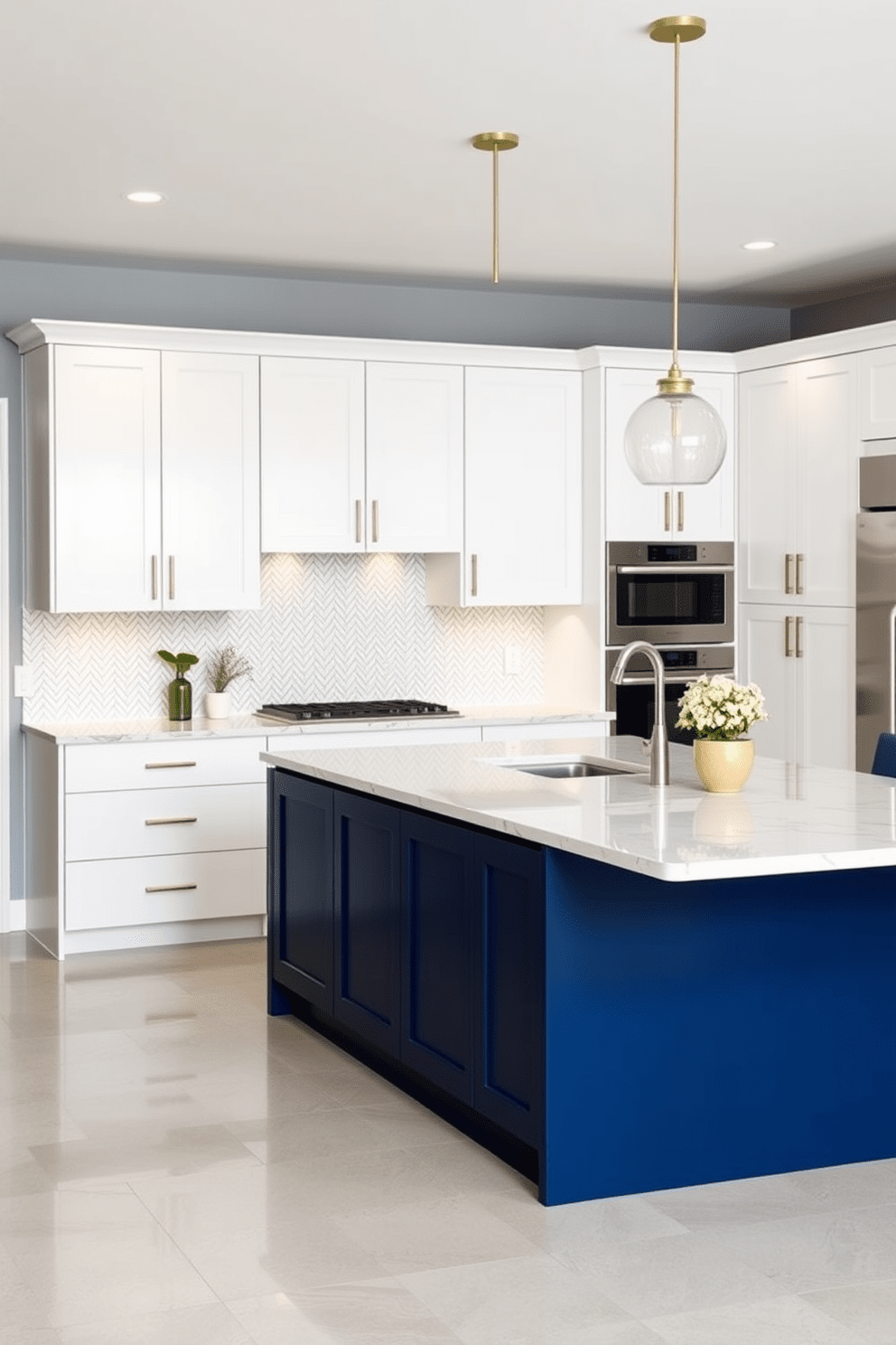 A modern kitchen featuring sleek white cabinets paired with a bold navy blue island creates a striking visual contrast. The island is topped with a luxurious quartz countertop, while pendant lights hang elegantly above it, illuminating the space. The cabinetry is designed with minimalist hardware, enhancing the clean lines of the kitchen. A stylish backsplash in a herringbone pattern adds texture and depth, complementing the overall design.