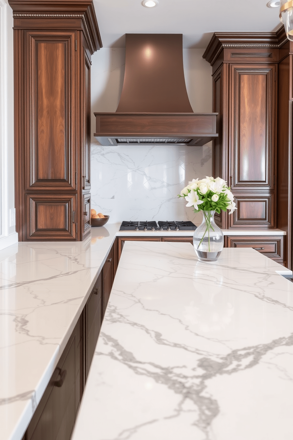 Elegant cabinetry with seamless marble countertop integration creates a sophisticated kitchen aesthetic. The cabinetry features rich wood tones with intricate detailing, while the marble countertop showcases striking veining that enhances the overall design.