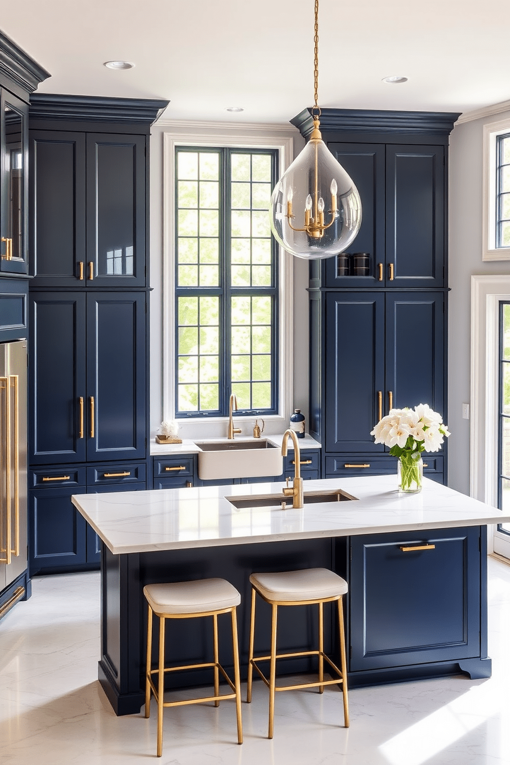 A stunning kitchen featuring bold navy blue cabinets that create a dramatic focal point. The cabinets are complemented by sleek brass hardware and a white marble countertop that adds elegance to the design. The kitchen island is topped with a matching marble surface and includes barstools for casual dining. Large windows allow natural light to flood the space, highlighting the rich color of the cabinets and creating a warm, inviting atmosphere.