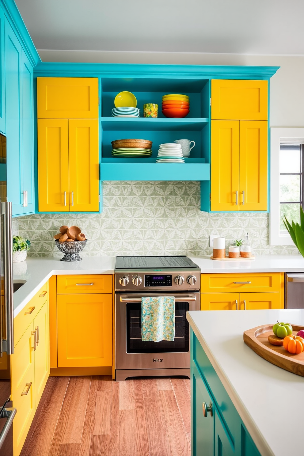 Brightly painted cabinets create a vibrant and playful atmosphere in the kitchen. The cabinets feature a mix of bold colors like turquoise and sunny yellow, complemented by sleek white countertops and modern hardware. Open shelving above the cabinets showcases colorful dishware and decorative items. A cheerful backsplash with geometric patterns adds an extra layer of fun to the overall design.