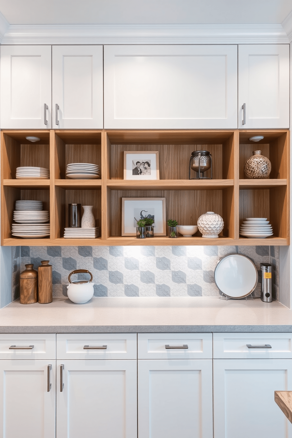 Open shelving combined with closed cabinets creates a harmonious blend of functionality and style. The design features sleek cabinetry in a soft white finish, complemented by natural wood shelves displaying curated dishware and kitchen decor. The countertops are made of a durable quartz material in a light gray tone, providing a modern touch. Under-cabinet lighting highlights the open shelves, creating an inviting atmosphere for cooking and entertaining.