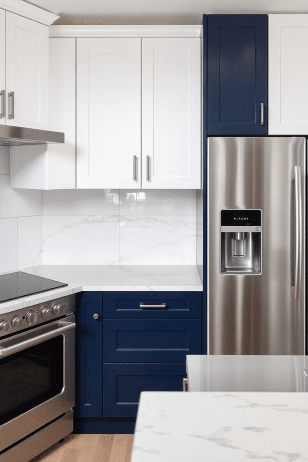 A modern kitchen featuring two-tone cabinets with contrasting colors. The upper cabinets are a crisp white, while the lower cabinets are a deep navy blue, creating a striking visual contrast. The countertop is a sleek quartz with subtle veining, complementing the cabinet colors. A stainless steel refrigerator and oven are seamlessly integrated, enhancing the contemporary aesthetic of the space.