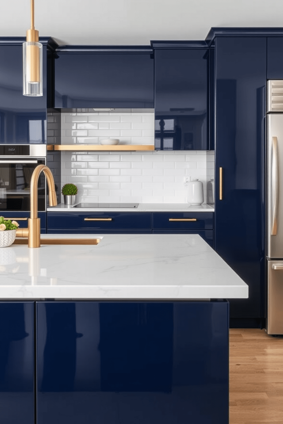 A sleek kitchen featuring high-gloss cabinets that reflect light beautifully. The cabinets are finished in a deep navy blue, complemented by brushed gold handles and a minimalist design. The countertop is made of white quartz with subtle grey veining, providing a striking contrast. A stylish backsplash of white subway tiles adds texture and depth to the space.