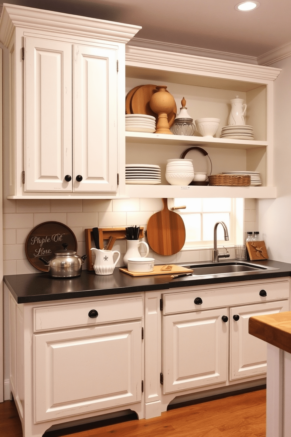 Farmhouse style cabinets with vintage hardware create a warm and inviting kitchen atmosphere. The cabinets are painted in a soft white hue, showcasing their charming character and providing ample storage space. The vintage hardware adds a touch of nostalgia, featuring intricate designs that complement the rustic aesthetic. Open shelving above the cabinets displays carefully curated dishware and decorative items, enhancing the overall farmhouse vibe.