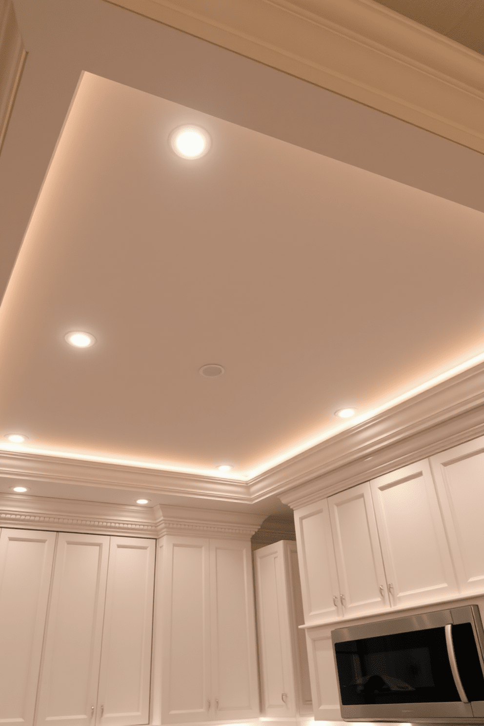 A stunning kitchen features a tray ceiling adorned with recessed lighting that creates a warm and inviting atmosphere. The soft glow from the lights highlights the elegant crown molding and adds depth to the overall design. The ceiling is painted in a light color to enhance the sense of space, while the recessed lights are strategically placed to illuminate key areas of the kitchen. This design not only enhances functionality but also elevates the aesthetic appeal of the room.