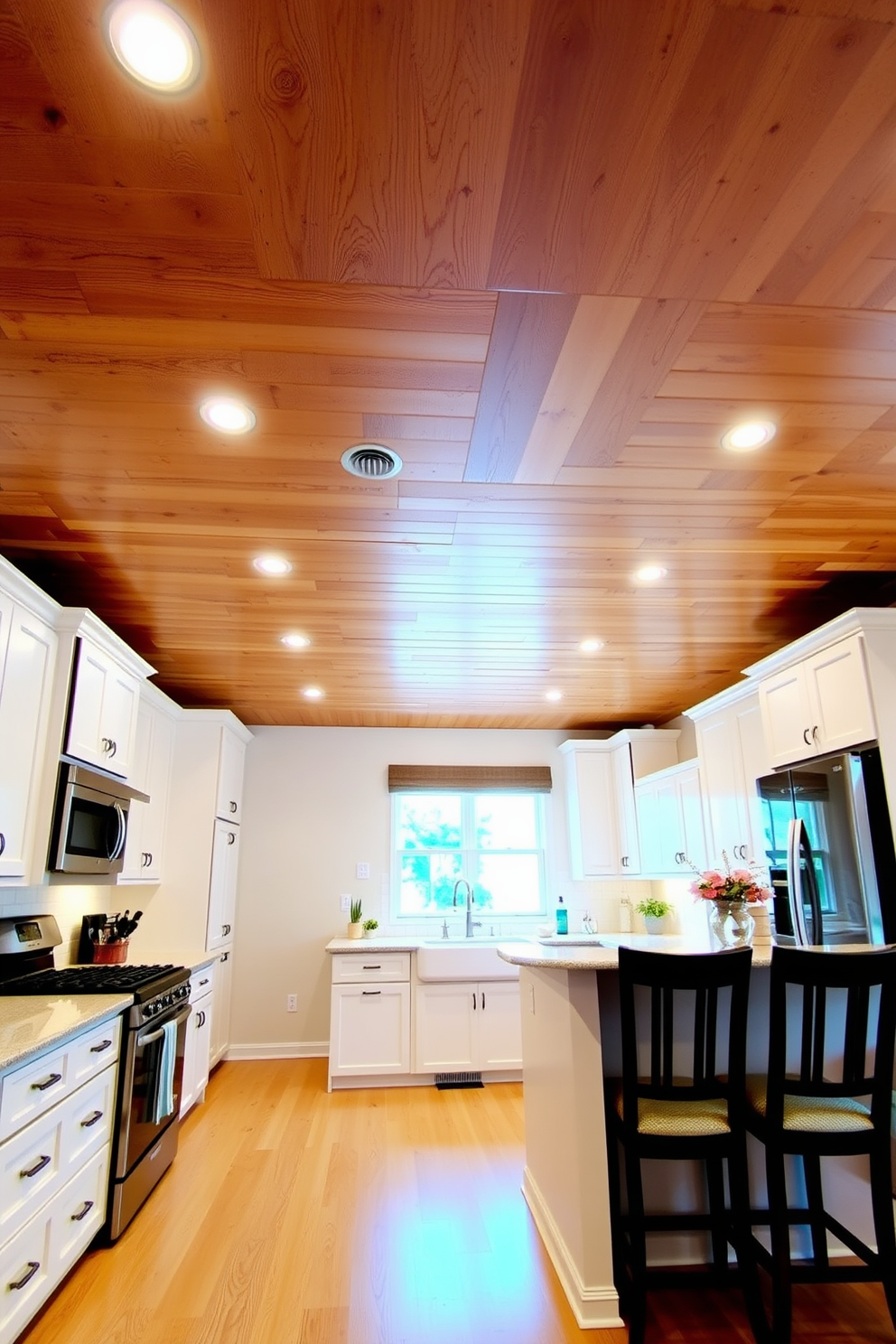 A warm and inviting kitchen featuring a wood plank ceiling that adds a rustic charm to the space. The ceiling is complemented by recessed lighting that highlights the natural texture of the wood. The kitchen is designed with an open layout, showcasing modern appliances and a large island for cooking and entertaining. The cabinetry is a soft white, creating a bright and airy feel that contrasts beautifully with the rich tones of the wood ceiling.