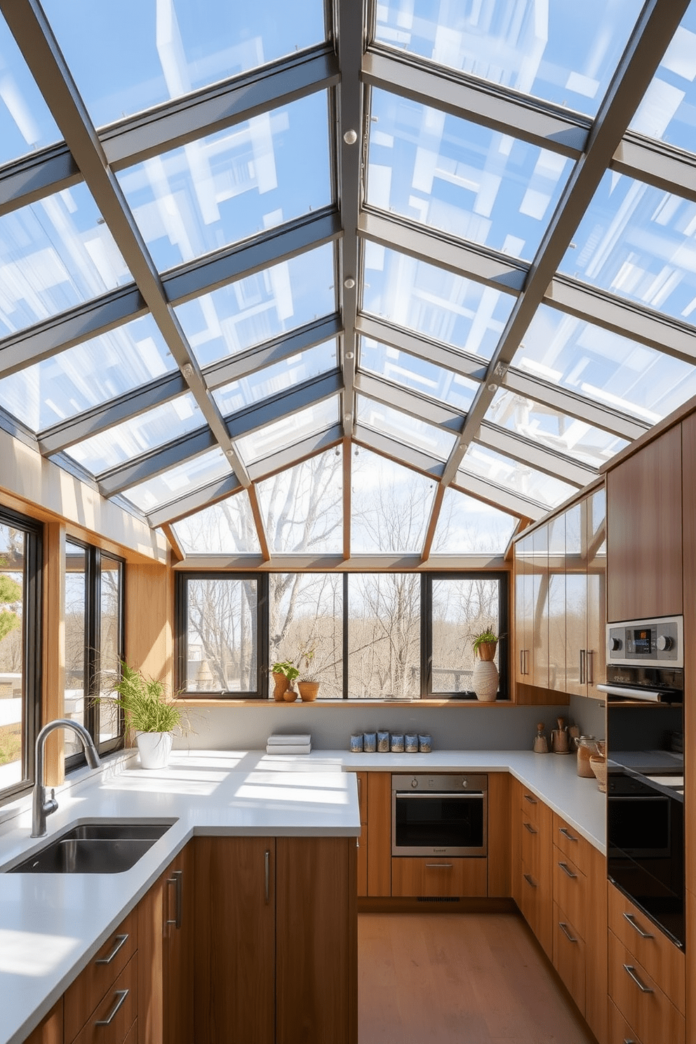 A modern kitchen featuring glass ceiling panels that allow natural light to flood the space. The warm wood cabinetry complements the bright atmosphere, creating an inviting cooking environment.