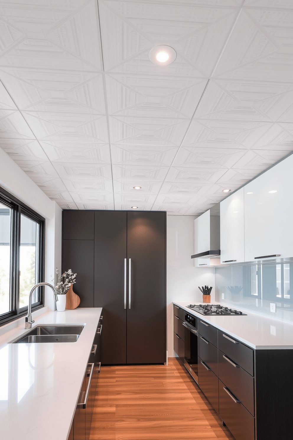 A modern kitchen featuring acoustic ceiling tiles designed for optimal soundproofing. The tiles are arranged in a geometric pattern, enhancing both aesthetics and functionality while maintaining a sleek, contemporary look.