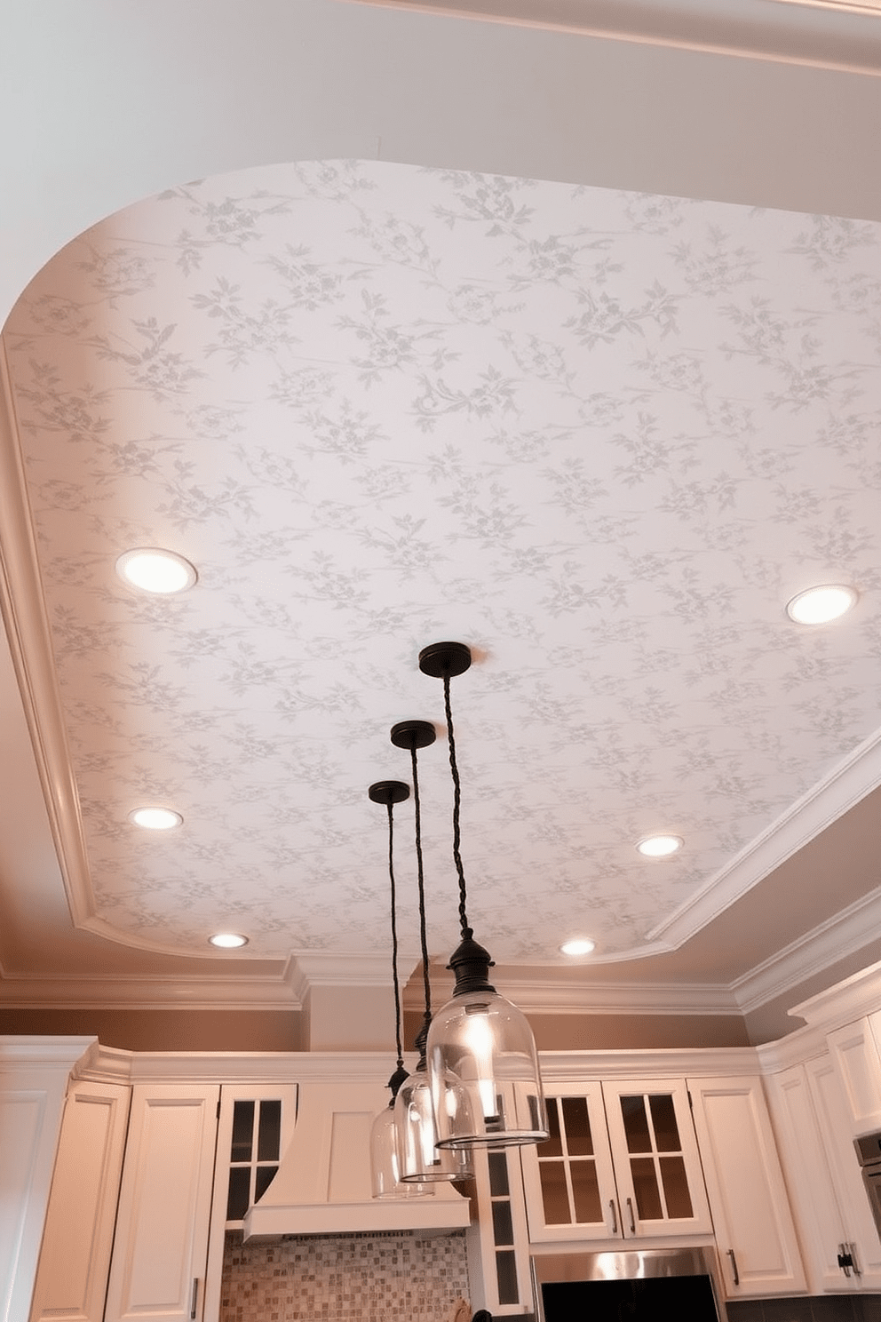 A stunning kitchen ceiling features a unique patterned wallpaper that adds character and charm to the space. The design incorporates subtle floral motifs in soft colors, creating an inviting atmosphere that complements the overall kitchen decor. The ceiling is framed with elegant crown molding, enhancing the visual interest of the room. Pendant lights hang gracefully from the ceiling, illuminating the kitchen below and highlighting the beautiful wallpaper design.