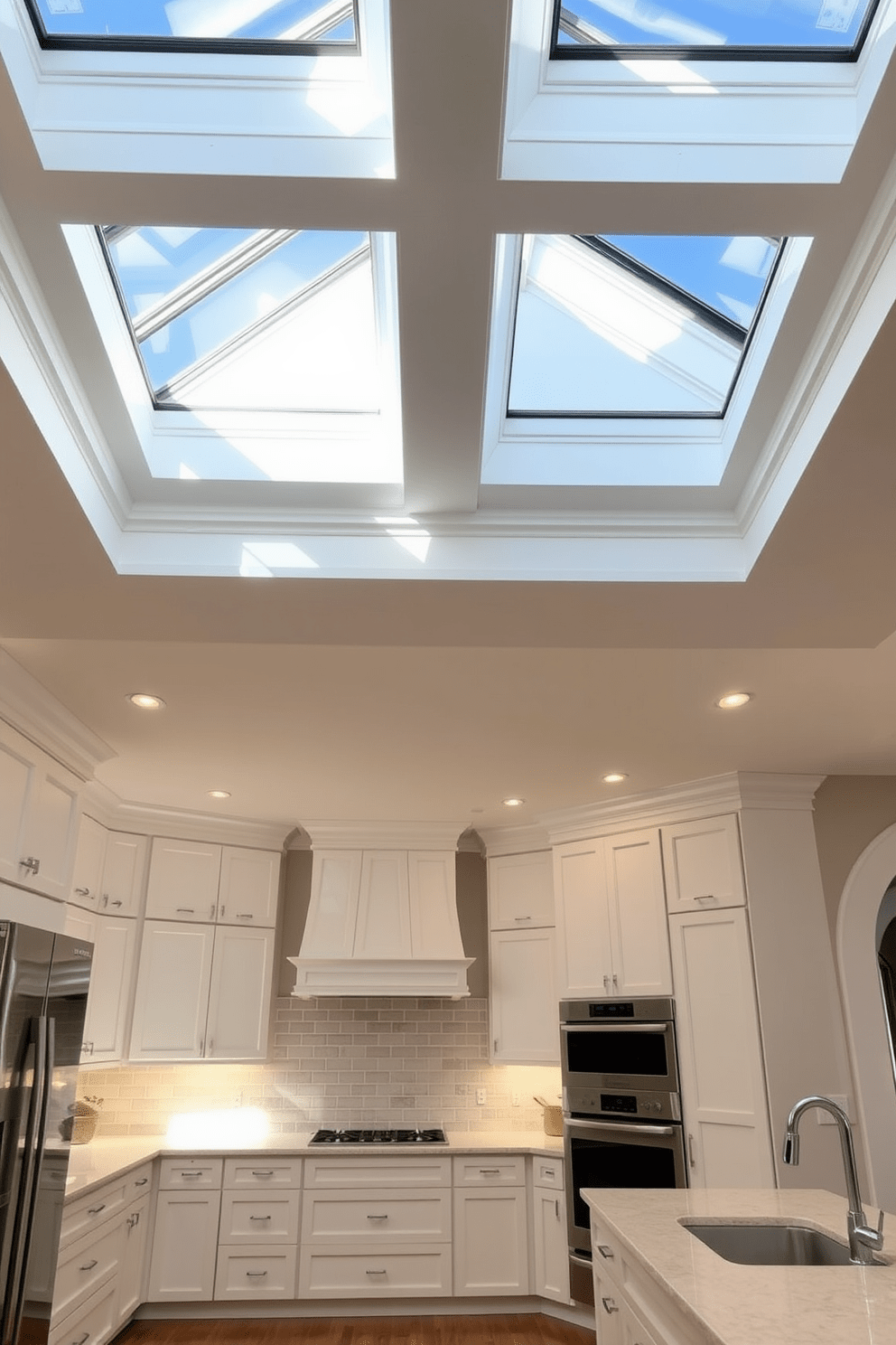 Create a spacious kitchen with skylights integrated into the ceiling design. The natural light floods the room, highlighting the sleek cabinetry and modern appliances. Incorporate a coffered ceiling with recessed lighting to enhance the kitchen's elegance. The color palette features soft whites and warm wood tones, creating a welcoming atmosphere.