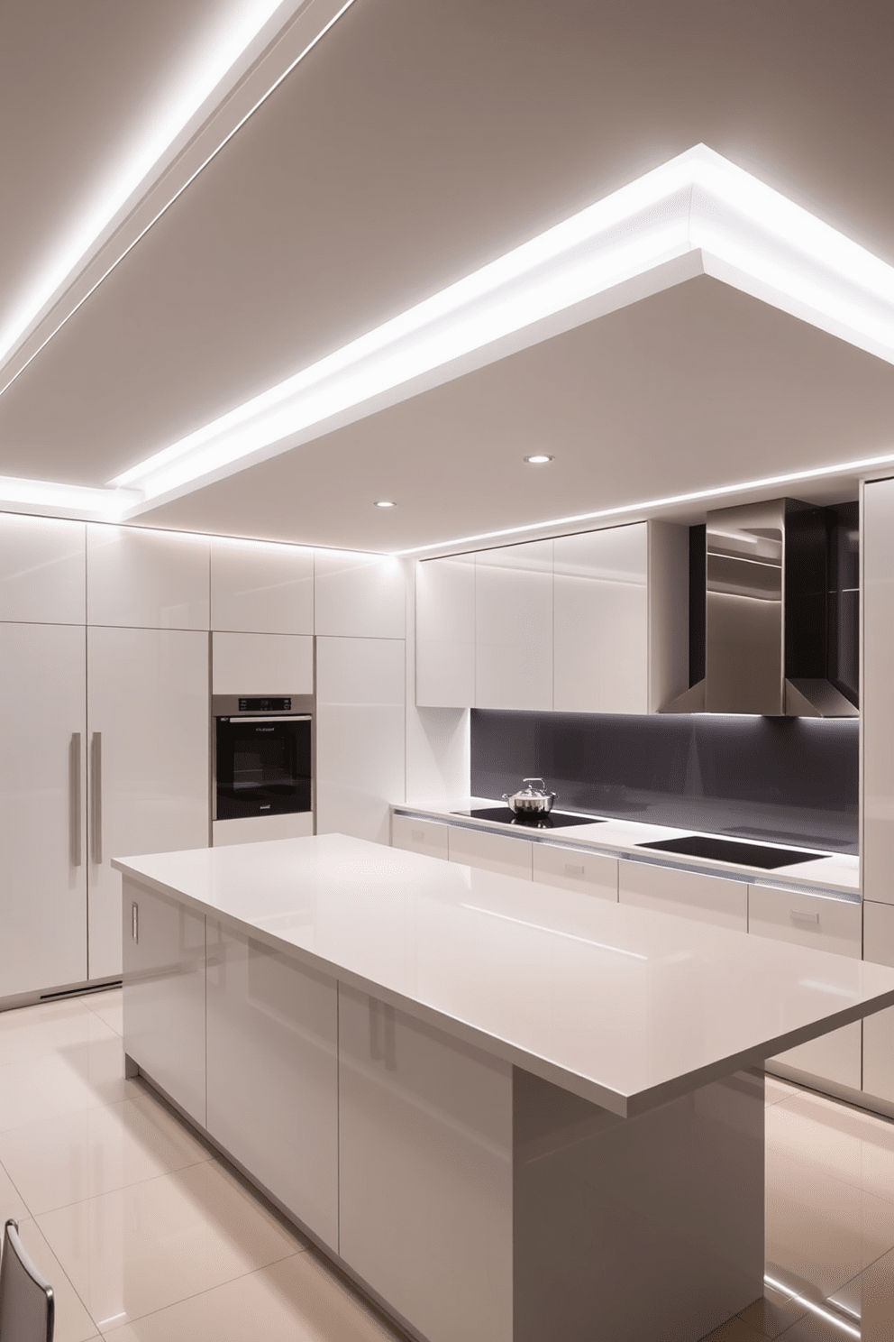 A modern kitchen with LED strip lighting elegantly illuminating the ceiling edges. The design features a sleek, minimalist aesthetic with high-gloss cabinetry and a spacious island at the center.