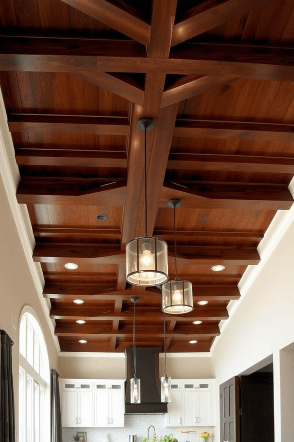 Coffered ceiling design featuring rich wood beams that create depth and elegance. The beams are stained in a dark finish, contrasting beautifully with the light-colored ceiling panels. The kitchen below showcases a modern aesthetic with sleek cabinetry and a large island. Pendant lights hang gracefully from the coffered ceiling, illuminating the space with a warm glow.