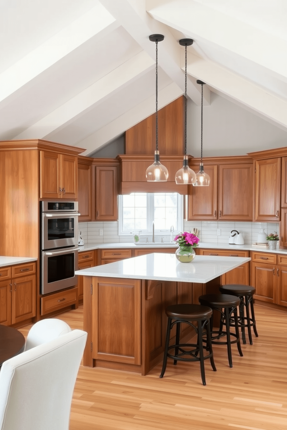 A cozy kitchen featuring faux ceiling beams that add character without breaking the bank. The beams are painted in a soft white, complementing the warm wood cabinetry and brightening the space. The kitchen island is topped with a light-colored quartz countertop, creating a stunning contrast with the darker cabinetry. Pendant lights hang gracefully above the island, providing both illumination and a touch of elegance.