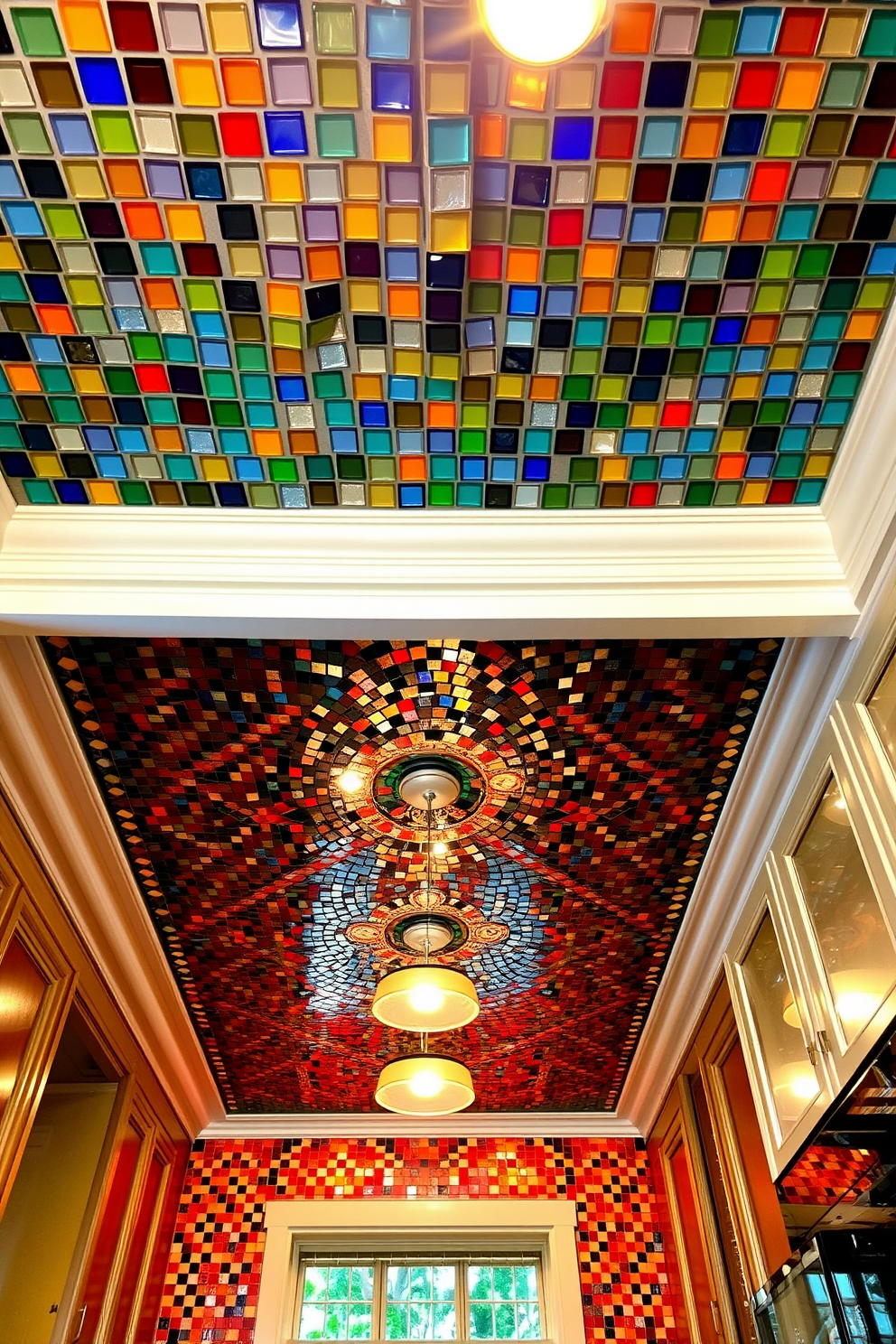 A dazzling kitchen ceiling adorned with vibrant mosaic tiles in a variety of colors. The tiles create a lively atmosphere, reflecting light and adding character to the space. The ceiling features intricate patterns that draw the eye upward, enhancing the overall design of the kitchen. Soft, warm lighting fixtures are strategically placed to highlight the mosaic details and create an inviting ambiance.