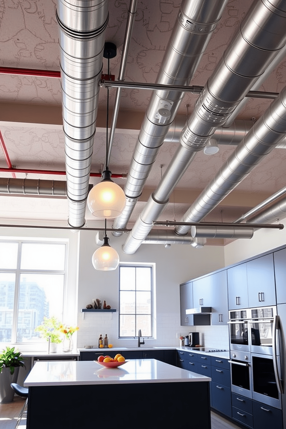 A modern kitchen features an exposed ductwork ceiling that adds an industrial touch to the space. The ceiling's raw metal contrasts beautifully with sleek cabinetry and high-end appliances, creating a vibrant urban atmosphere. Natural light floods the kitchen through large windows, illuminating the open layout. Pendant lights hang from the ductwork, providing both functionality and style while enhancing the overall aesthetic.