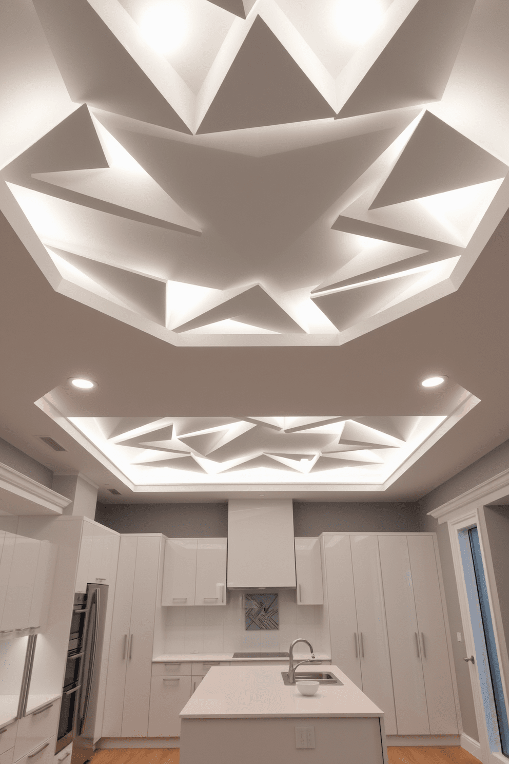 A modern kitchen featuring a geometric ceiling design with interlocking triangles in a soft white finish. The ceiling is complemented by recessed lighting that highlights the unique shapes, creating a dynamic visual effect. The walls are painted in a light gray tone, contrasting beautifully with the bold ceiling design. Sleek cabinetry in a glossy finish adds to the contemporary feel, while a central island provides both functionality and style.