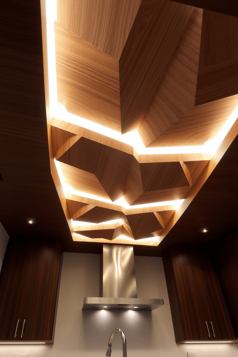 A stunning kitchen ceiling with sculptural installations that enhance creativity. The design features a series of geometric wooden panels that create depth and interest, complemented by integrated LED lighting for a warm ambiance.