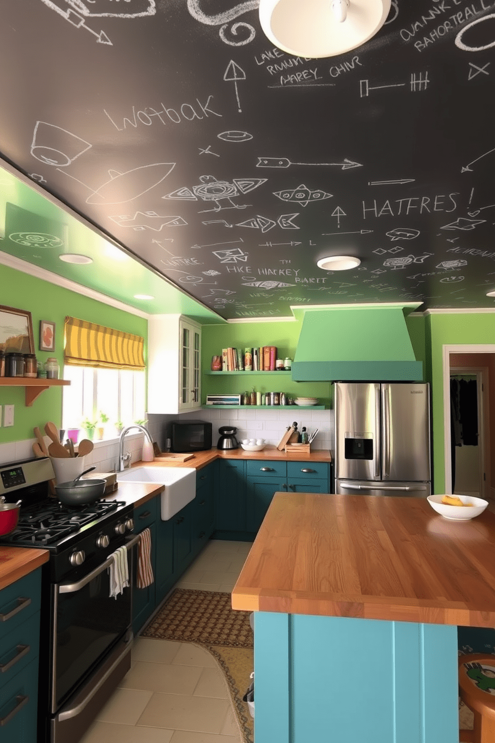 A playful kitchen space features a ceiling painted with chalkboard paint, inviting creativity and interaction. The walls are adorned with bright, cheerful colors, and the room is filled with modern appliances and a large wooden island for cooking and gathering.