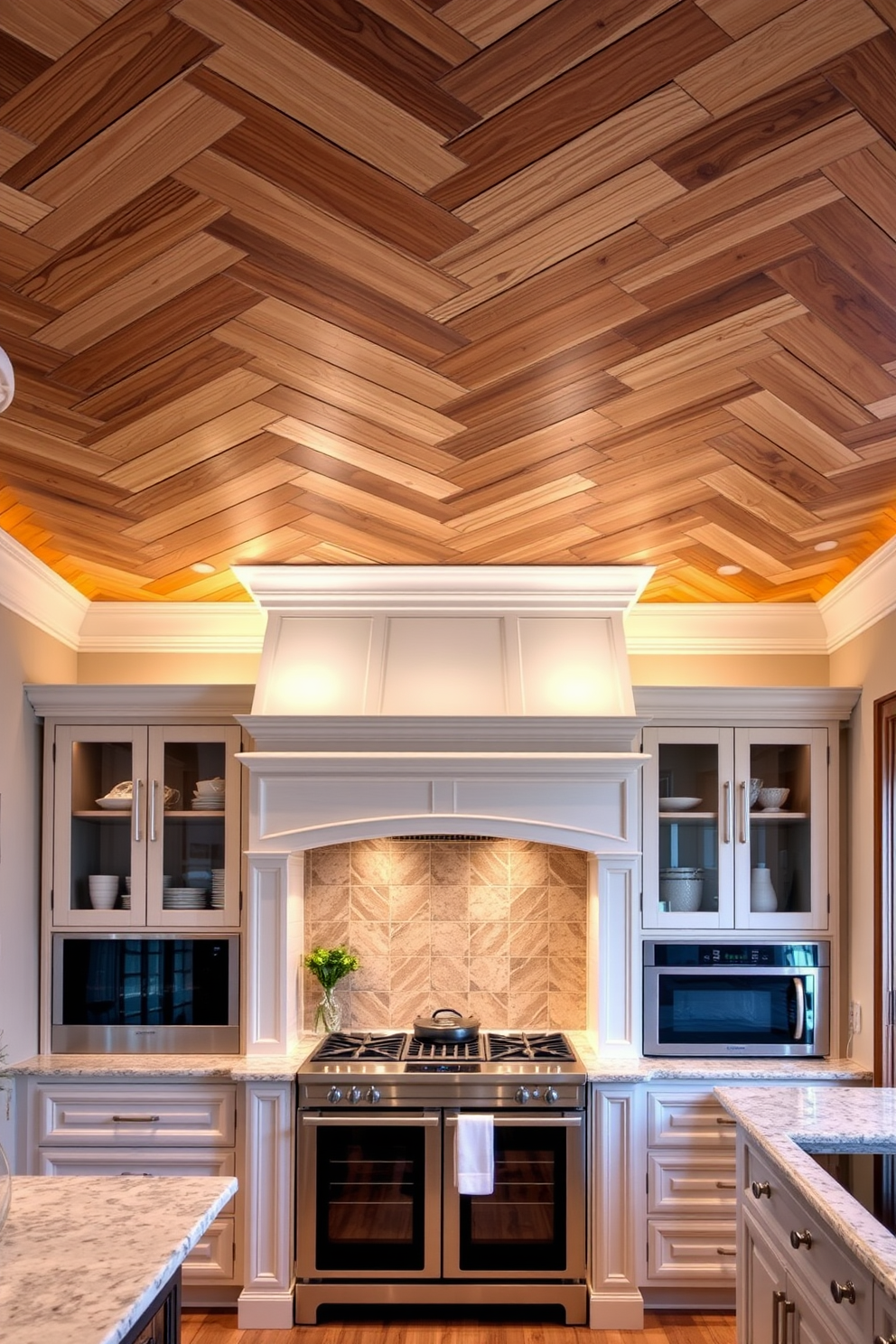 A stunning kitchen features a herringbone ceiling design that adds classic appeal and elegance to the space. The warm wood tones of the ceiling create a cozy atmosphere, beautifully complementing the modern cabinetry and high-end appliances below. Soft ambient lighting is integrated into the design, highlighting the intricate pattern of the herringbone layout. This architectural detail draws the eye upward, enhancing the overall height and spaciousness of the kitchen.